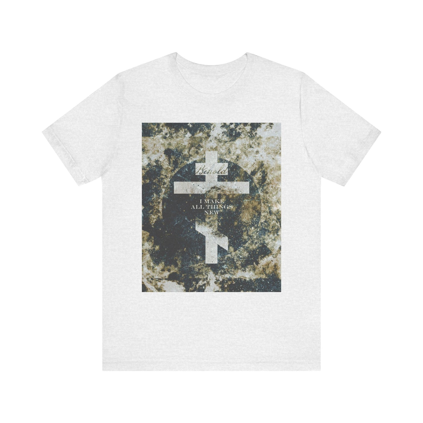Ash-colored unisex tee with a cosmic textured Orthodox cross and “Behold, I Make All Things New” from Revelation 21:5—a meaningful Orthodox Christian gift. Lightweight cotton for comfort; inspired by the theme of new creation.