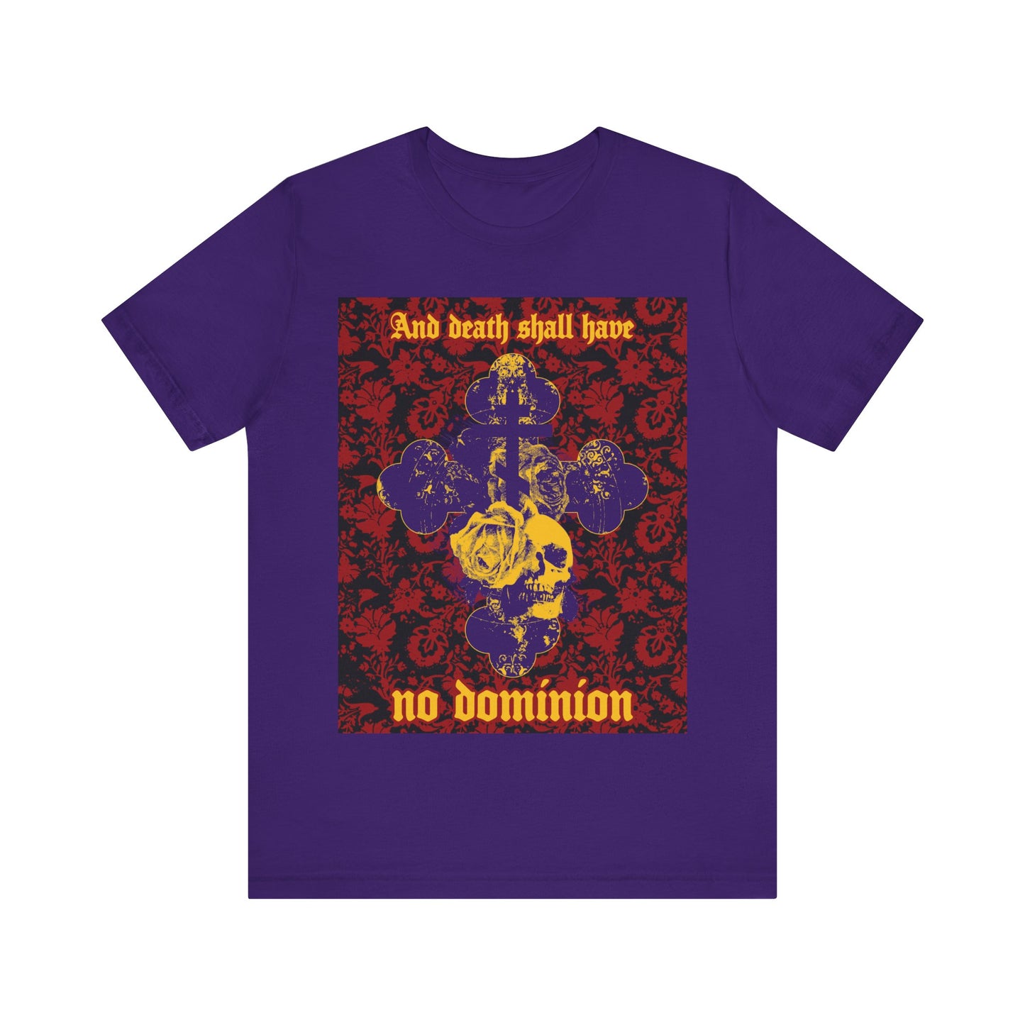 And Death Shall Have No Dominion (Dylan Thomas) | Resurrection | Gothic Style Cross, Skull and Rose on Floral Background | Orthodox Christian T-Shirt-Team Purple-S-Remembrance of Death