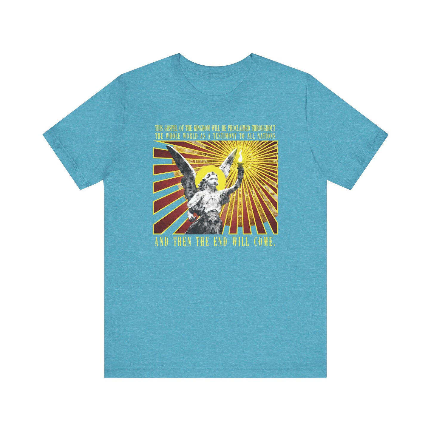 Heather Aqua t-shirt featuring a cemetery angel holding a lamp emitting rays, with “And Then the End Will Come (Matthew 24:14)” design. Christian lightweight cotton unisex style.