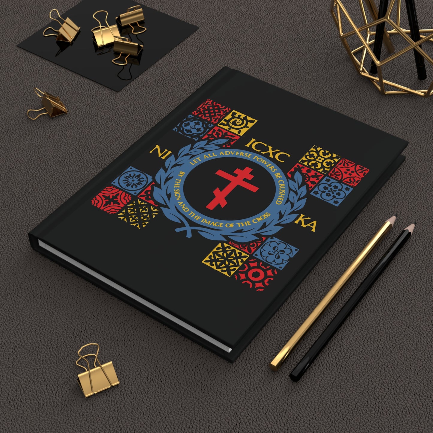 Let All Adverse Powers Be Crushed (Red, Yellow & Blue Design) | ICXC NIKA | Medieval Tile Design | Orthodox Christian Hardcover Journal