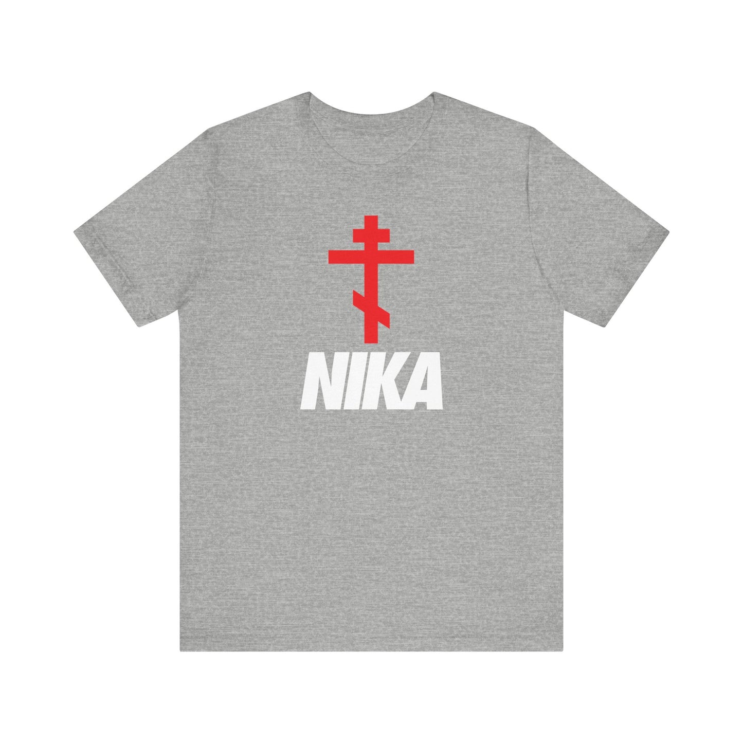 Athletic Heather Orthodox Cross with bold NIKA text tee—minimalist, Christian design inspired by the NIKE logo. Features a red Orthodox Christogram above striking white NIKA letters on a lightweight unisex cotton shirt.
