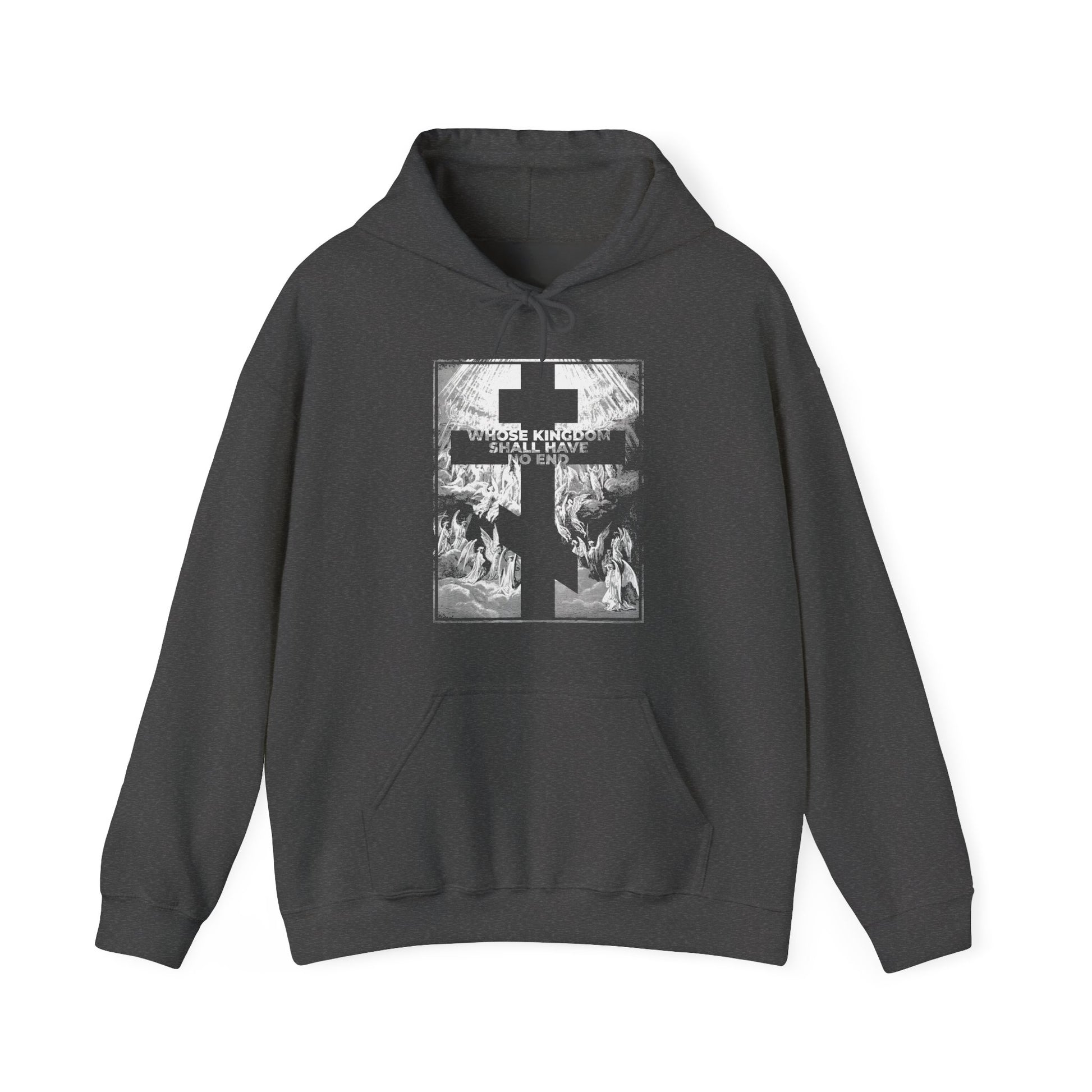 Dark Heather hoodie featuring a Gustave Dore etching with cross and figures, text: "Where knowledge is state-imposed, so is belief." Inspired by the Nicene Creed—Whose Kingdom Shall Have No End. Orthodox Symbol of Faith.