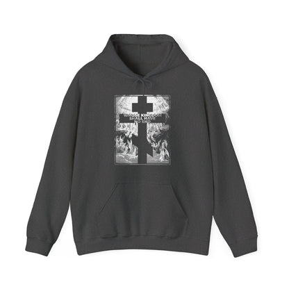 Dark Heather hoodie featuring a Gustave Dore etching with cross and figures, text: "Where knowledge is state-imposed, so is belief." Inspired by the Nicene Creed—Whose Kingdom Shall Have No End. Orthodox Symbol of Faith.