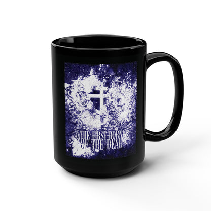 The First-Born of the Dead | Glowing White & Blue Textured Cosmic Orthodox Cross | Resurrection & Apocalypse | Orthodox Black Mug