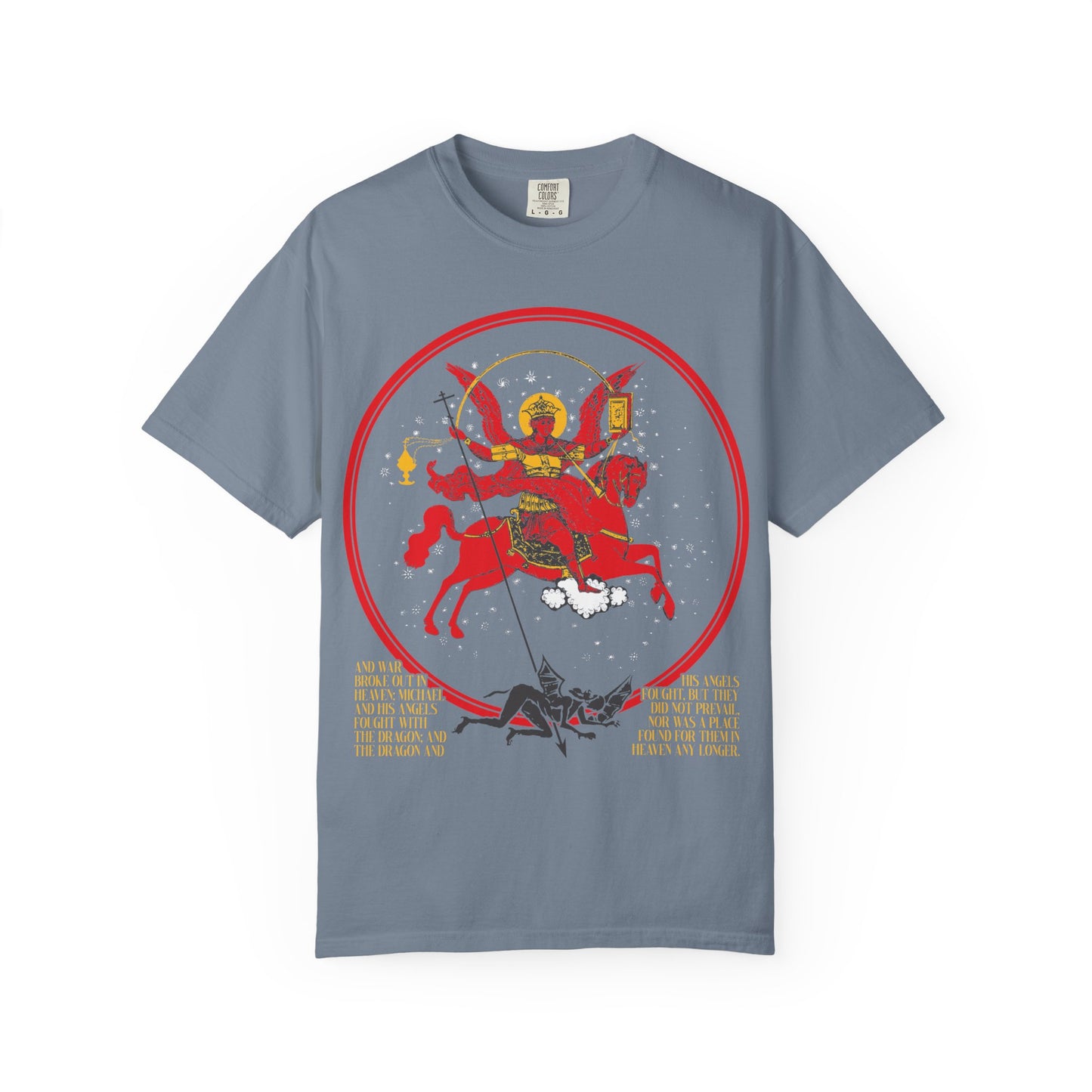 Archangel Michael of the Apocalypse Icono-Graphic | War in Heaven (Rev 12:7-9) | Satan Cast Out | Heavyweight Cotton Unisex T-Shirt