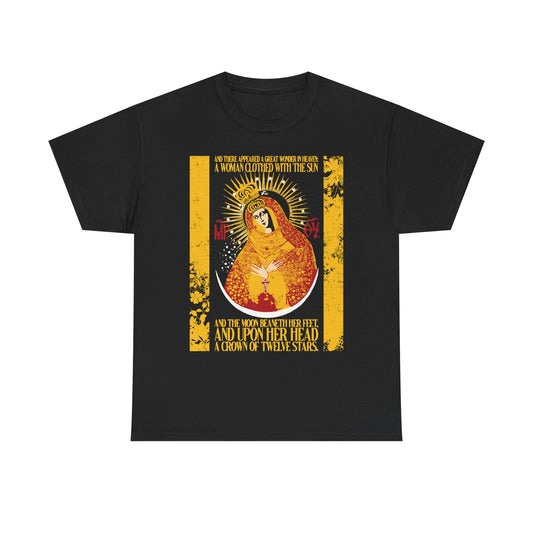 Black midweight cotton unisex t-shirt titled "Our Lady the Gate of Dawn | Woman of the Apocalypse Rev 12:1," featuring the crowned and radiant Theotokos enveloped in uncreated light, accented by gold floral textures and yellow Revelation 12:1 text within a decorative frame.