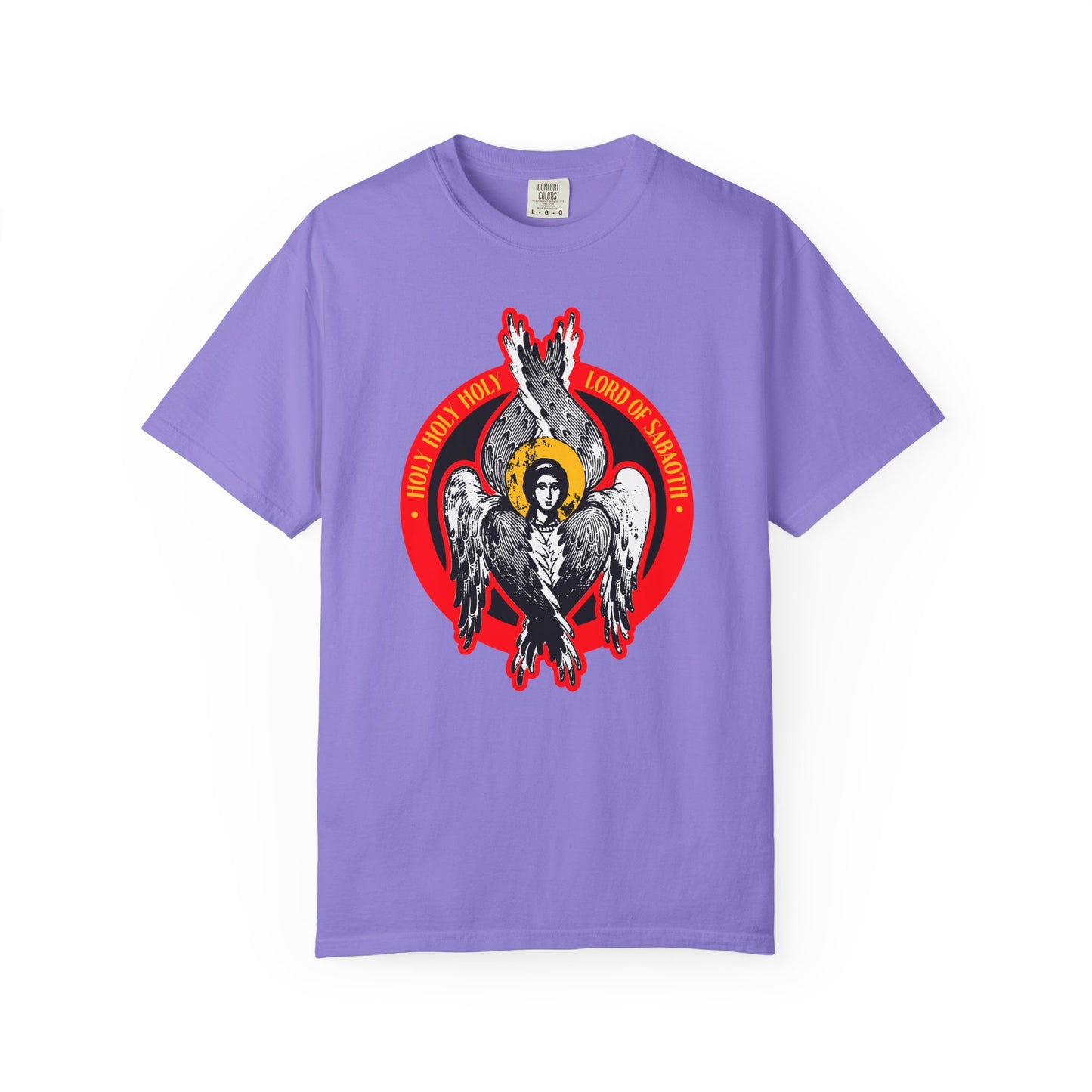 Violet heavyweight cotton unisex tee featuring a seraphim angel graphic, red circle, and "HOLY HOLY HOLY, LORD OF SABAOTH" text inspired by Isaiah 6 from the Holy Holy Holy, Lord of Sabaoth collection.