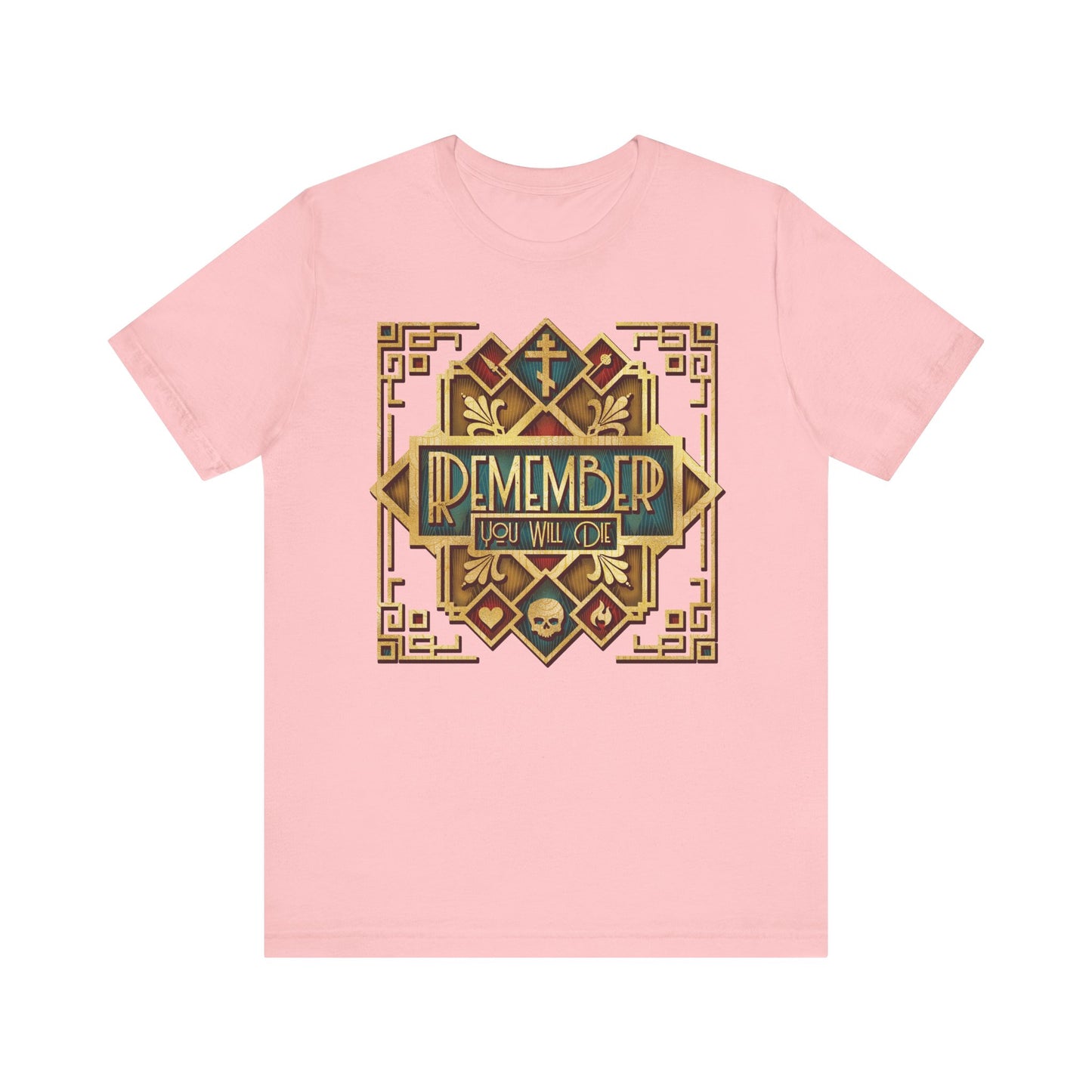 Pink "Remember You Will Die Classic Metallic Art Deco Design" T-shirt in lightweight cotton, featuring a striking skull motif with gold accents and Orthodox Christian inspiration from The Art of Salvation—a bold reminder to reflect on eternal life.
