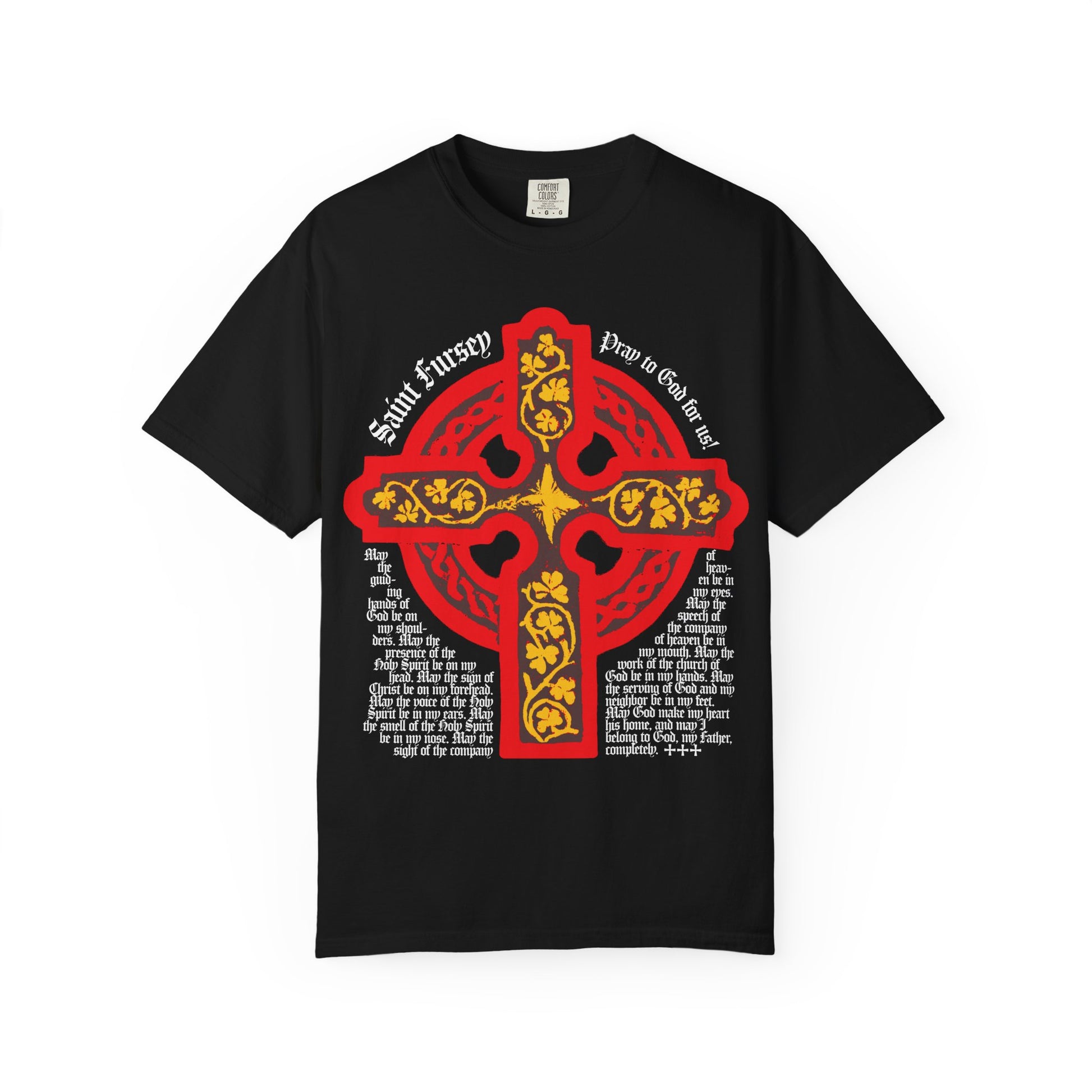 Black heavyweight cotton tee featuring a bold red and yellow Celtic cross and white text, inspired by the Lorica Shield Prayer of St Fursey. Unisex, Irish Orthodox/Western Rite Christian design.