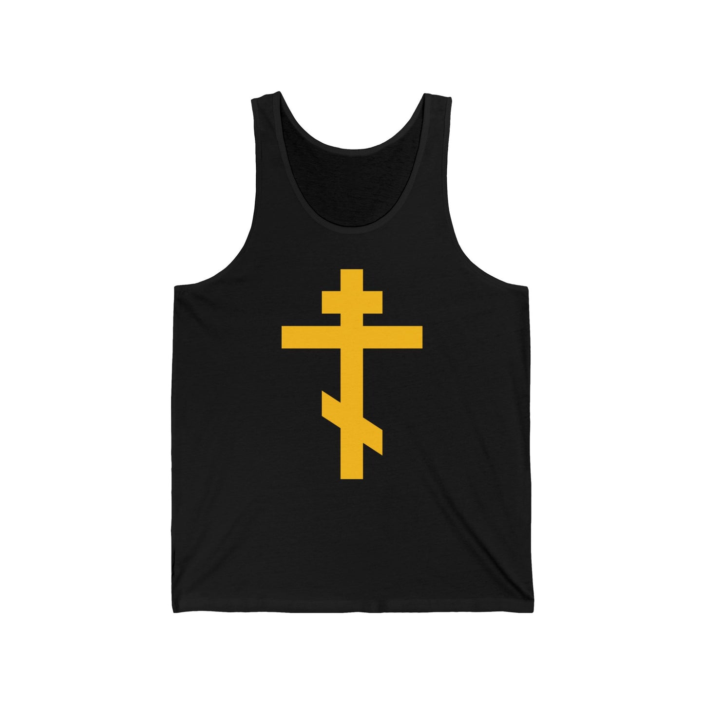 Black cotton tank top featuring a large yellow Orthodox cross—Precious and Life-Giving Weapon of Unseen Warfare, Scourge of Demons—inspired by Galatians 2:20.