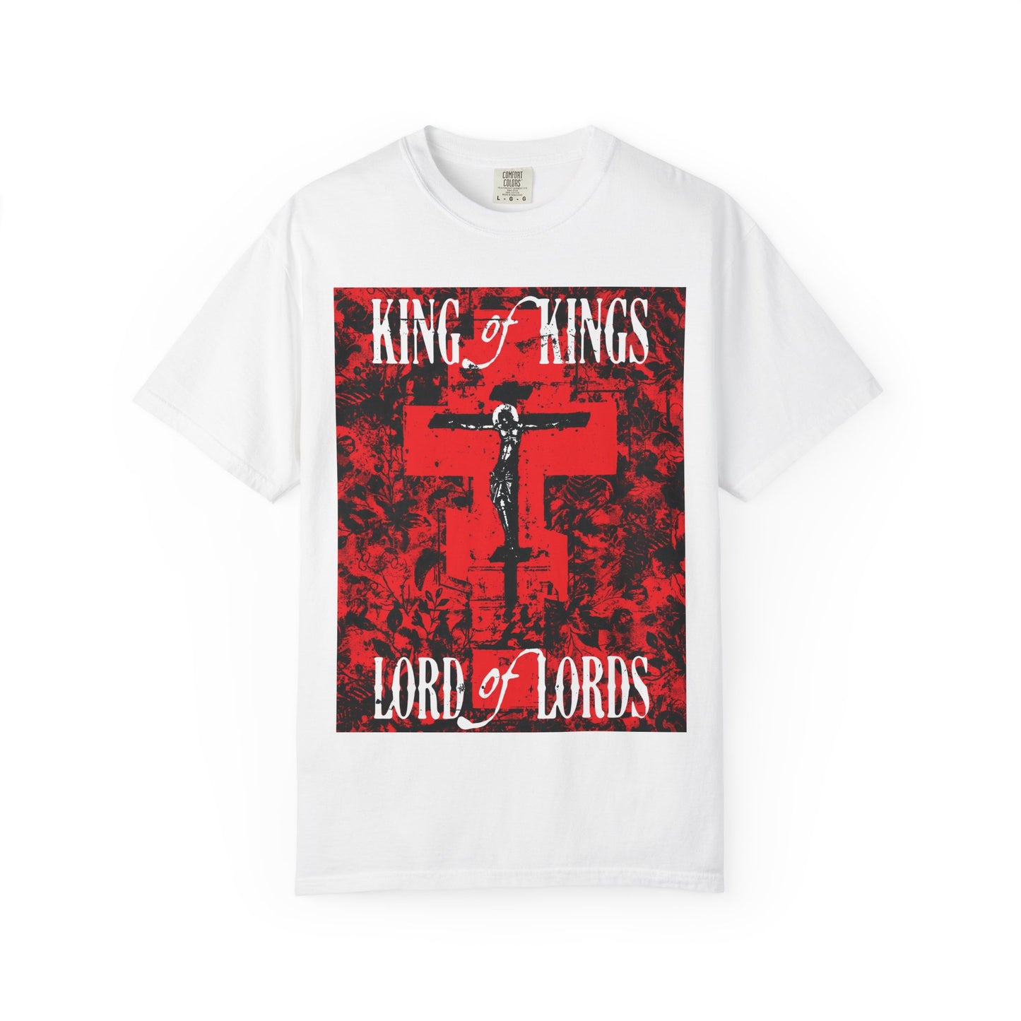 King of Kings, Lord of Lords | Christ Crucified Icono-Graphic | Red Cross Nature Texture w/ White Text | Heavyweight Cotton Unisex Tee