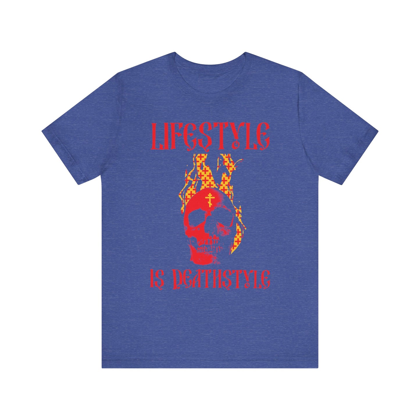 Heather True Royal t-shirt featuring a burning red skull with an Orthodox cross and bold text: LIFESTYLE IS DEATHSTYLE—leaving deep impressions of deeds upon the human soul, reminiscent of the teachings of St Ignatius Brianchaninov.