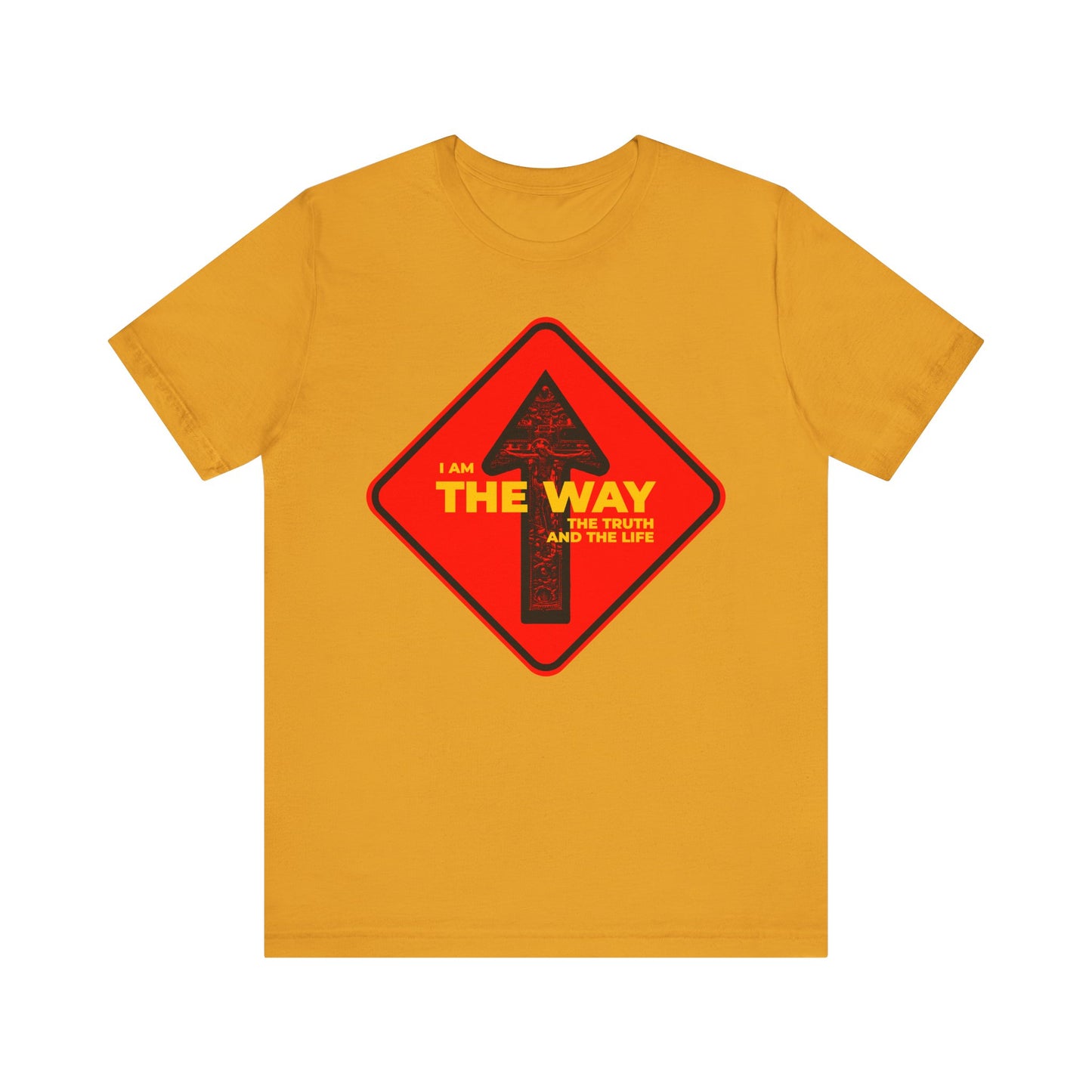 The “I Am the Way, the Truth and the Life” Mustard Tee features a street sign one-way arrow crucifix design—a lightweight cotton unisex shirt perfect for Orthodox Christians seeking a daily reminder of Jesus's message.