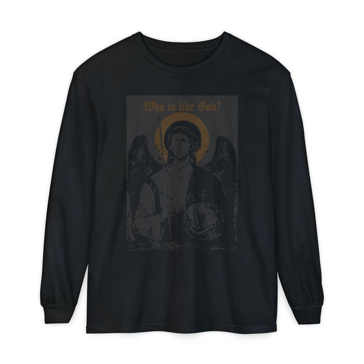Black heavy cotton long-sleeve t-shirt featuring a bronze “Who Is Like God?” Archangel Michael icono-graphic with cross on the front left breast, inspired by Orthodox Christian imagery.