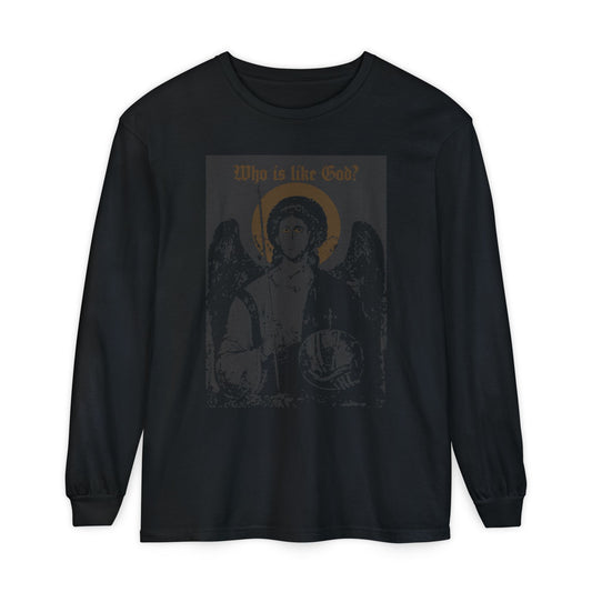 Black heavy cotton long-sleeve t-shirt featuring a bronze “Who Is Like God?” Archangel Michael icono-graphic with cross on the front left breast, inspired by Orthodox Christian imagery.
