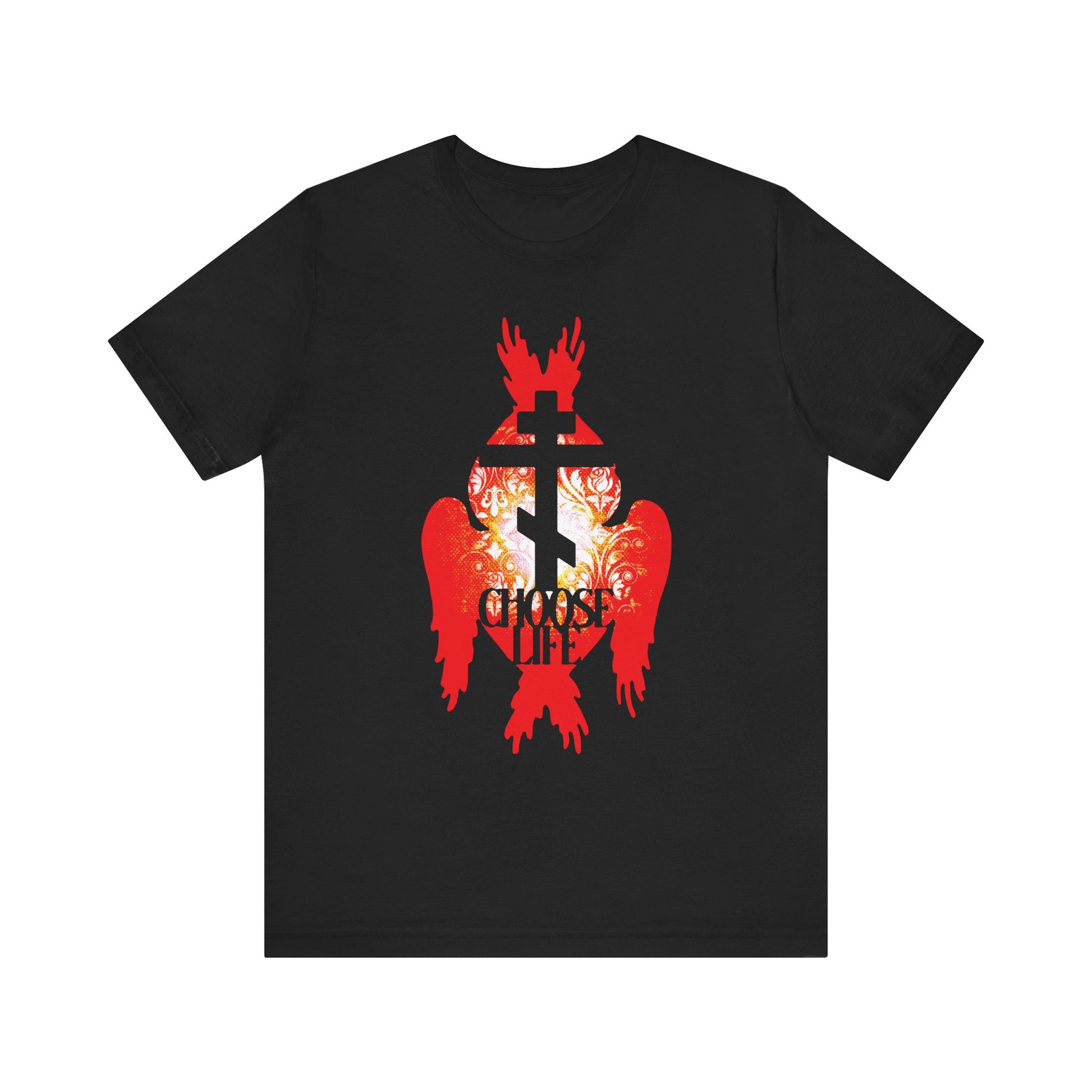 Black Choose Life tee features an Orthodox cross, fiery seraphim angel wings, and 'CHOOSE LIFE' text on the front—symbolizing the narrow path to eternal joy. Lightweight cotton unisex design.