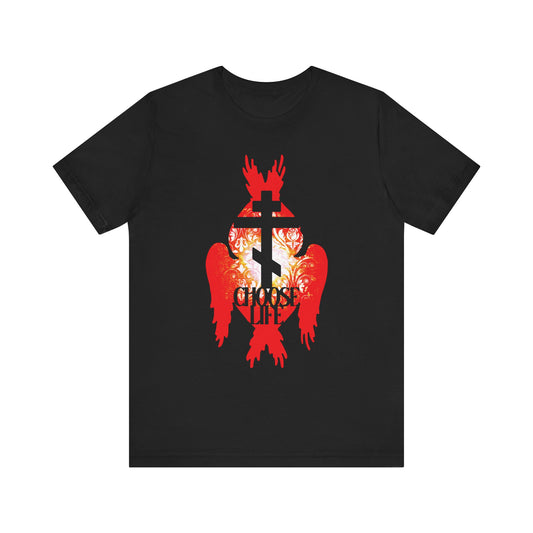 Black Choose Life tee features an Orthodox cross, fiery seraphim angel wings, and 'CHOOSE LIFE' text on the front—symbolizing the narrow path to eternal joy. Lightweight cotton unisex design.