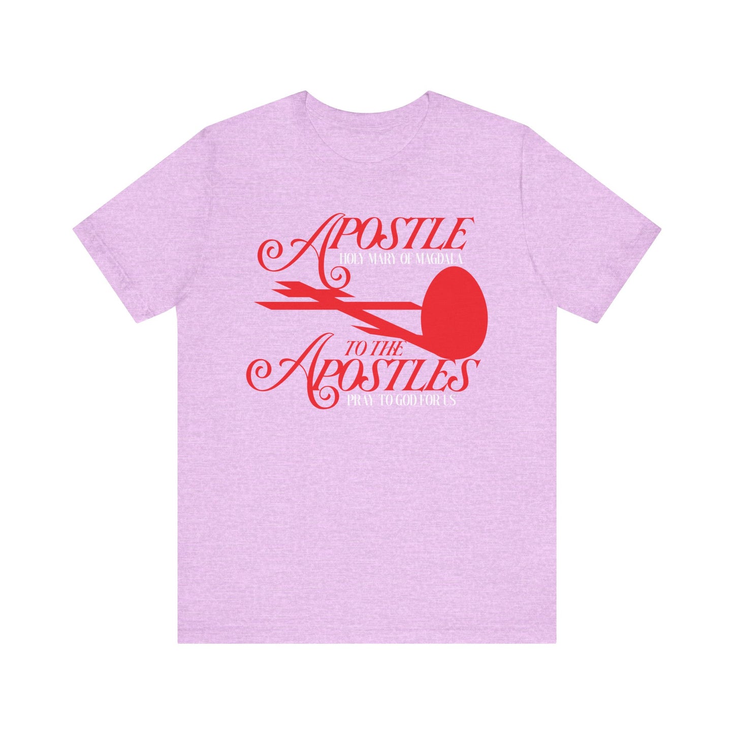 Heather Prism Lilac tee featuring a red cross and red egg graphic with "Apostle to the Apostles" script, inspired by St. Mary Magdalene’s role in the Burial of the Lord. Lightweight cotton, unisex Orthodox Christian design.