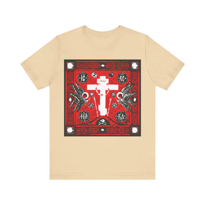 Adoration of Holy Cross IconoGraphic | Striking Red, White, & Black Russian Cross Design w/ Angels  | Orthodox Christian T-Shirt