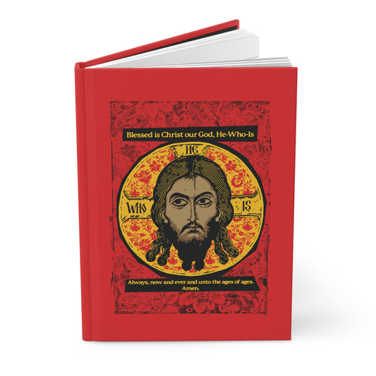 Hardcover journal titled “Made Without Hands (Mandylion/Image of Edessa),” features a red cover with a Jesus Christ Orthodox icon in black & yellow, and gold text: Blessed is Christ our God, He-Who-Is.