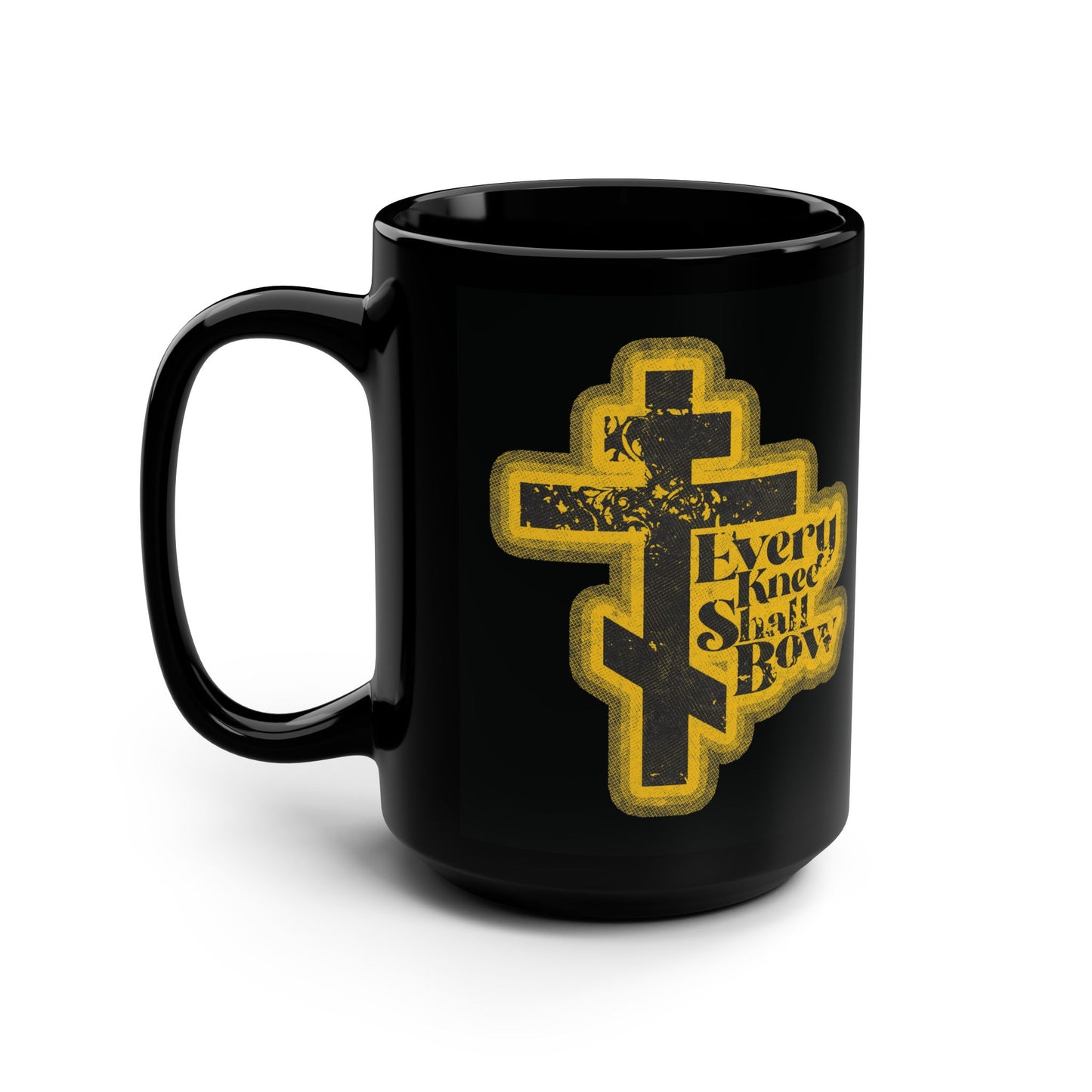 Black mug featuring a 70s distressed halftone comic book design with "Every Knee Shall Bow," inspired by Philippians 2:10-11 and Isaiah 45:23. Orthodox Christian theme declares Jesus is Lord.
