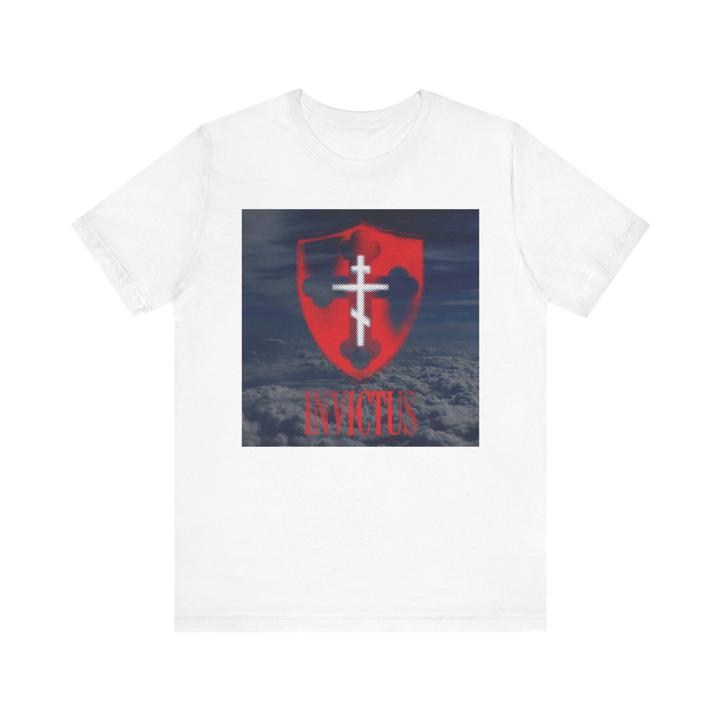 Invictus White Orthodox Cross lightweight cotton unisex tee featuring a glowing red halftone shield and "Christ Unconquered" text over a clouds background on the front, inspired by 1 Corinthians 15:54—"Death is swallowed up in victory," a timeless message of immortality.