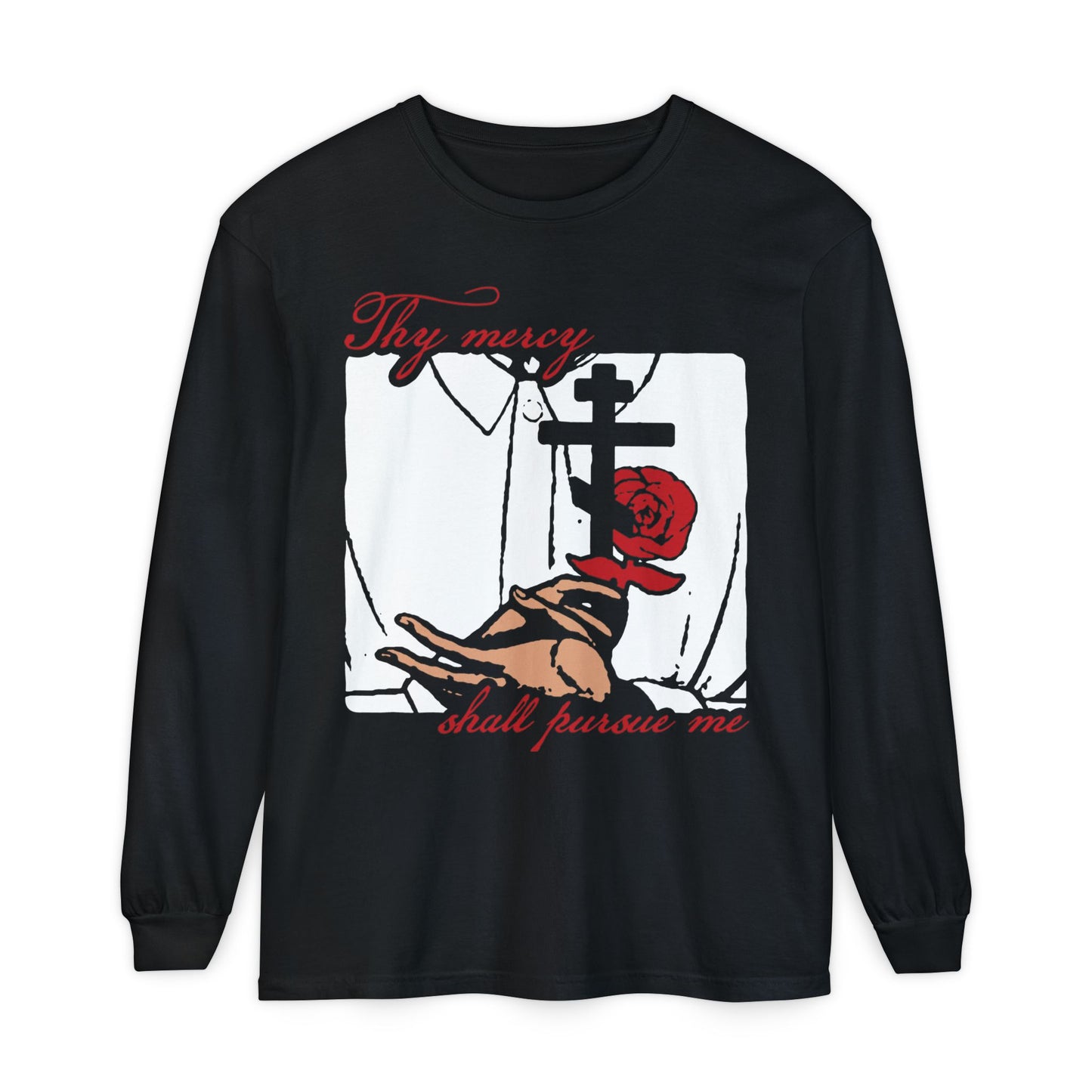 Thy Mercy Shall Pursue Me - Psalm 22 (23) | Orthodox Martyr's Cross and Rose Icono-Graphic Style | Orthodox Christian Long Sleeve Cotton Shirt