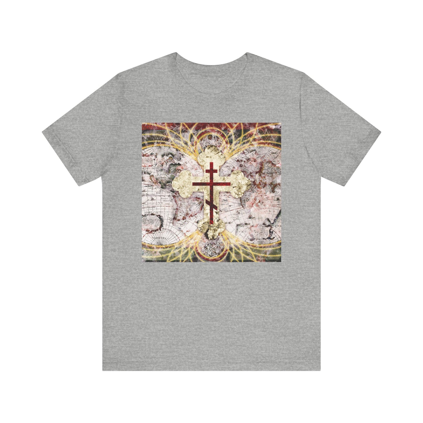Athletic Heather tee featuring a red Orthodox cross on an antique map with glowing magnetic lines, inspired by "Conqueror of Death" and Revelation 1:18. Lightweight cotton unisex design.