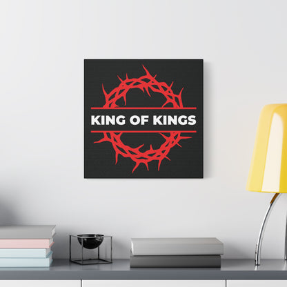 The "King of Kings Crown of Thorns" canvas art features a red crown and "King of Kings" in white on black, inspired by Revelation 19:16 and the King of Glory. Perfect bold Christian décor celebrating Christ is King.