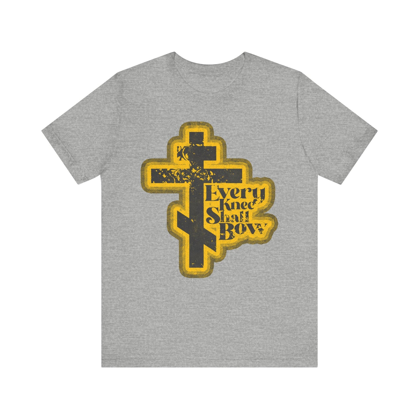 Athletic Heather tee featuring a bold yellow and black cross graphic with "Every Knee Shall Bow"—inspired by Philippians 2:10-11 & Isaiah 45:23—in a 70s distressed halftone comic book style. Lightweight cotton, unisex fit.