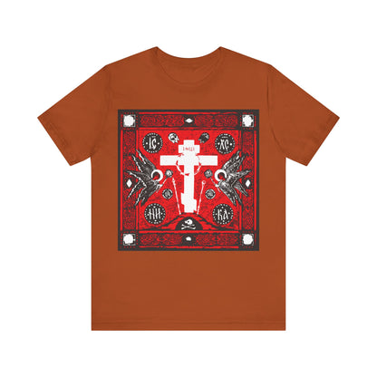 Adoration of Holy Cross IconoGraphic | Striking Red, White, & Black Russian Cross Design w/ Angels  | Orthodox Christian T-Shirt