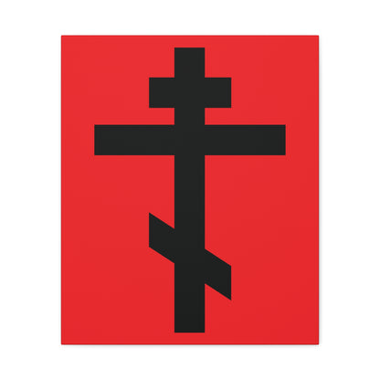 The "Black Orthodox Cross Red Background" canvas art features a striking black Orthodox cross on red, with Galatians 6:14—"May I never boast, except in the cross of our Lord Jesus Christ." Perfect for any Orthodox Christian home.