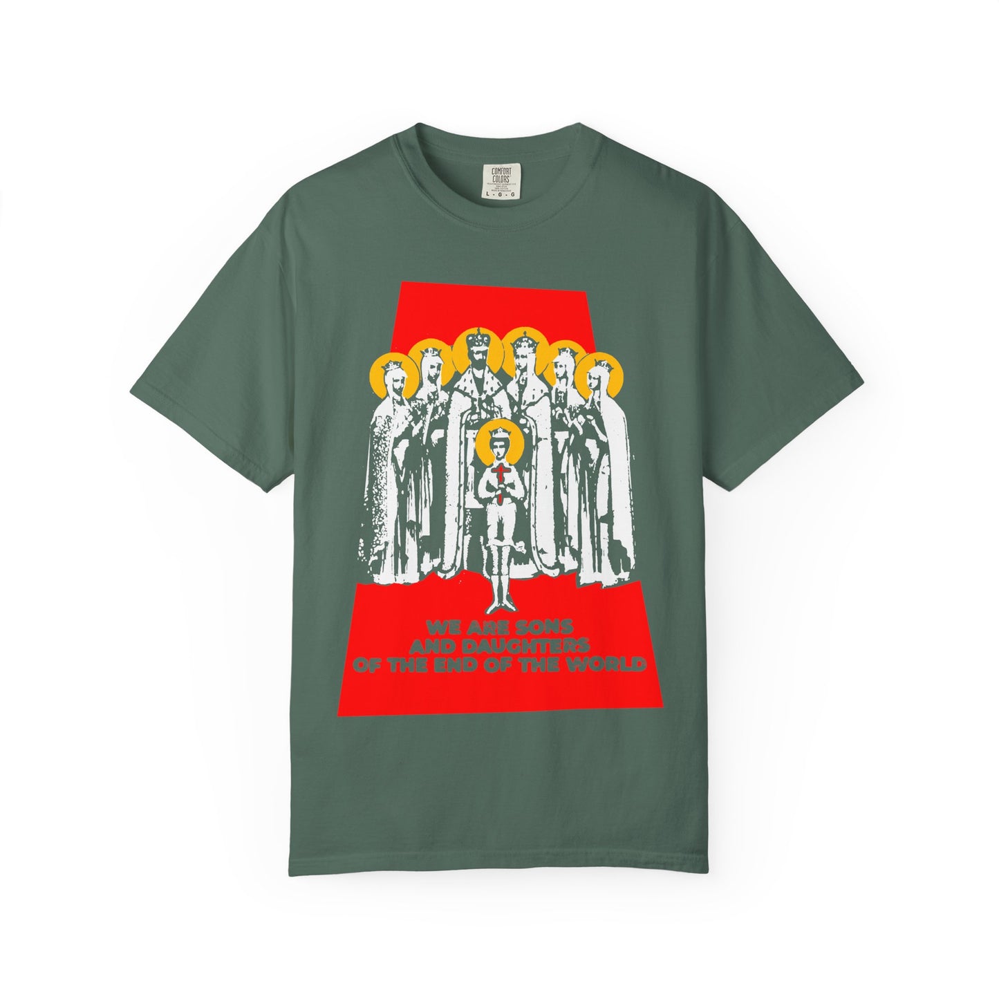 Blue Spruce heavyweight cotton unisex tee featuring a group illustration and the text: "We are sons and daughters of the end of the world," inspired by the Royal Martyrs of Russia (Romanov Saints) and symbolizing unity in the Body of Christ.
