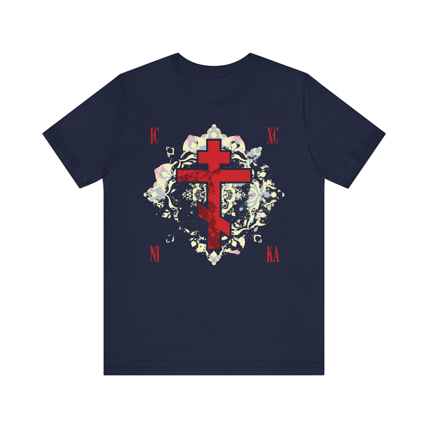 Navy unisex tee featuring a textured red Orthodox cross, medieval floral background, and ICXC NIKA text—symbolizing “Jesus Christ Conquers.” Lightweight cotton for comfort.