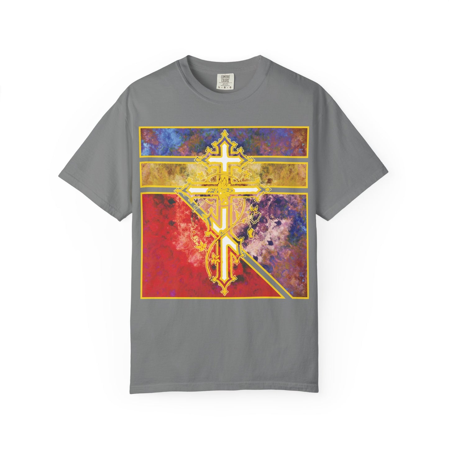 Grey “Ornate Orthodox Cross with Vine and Textured Geometric Pattern” heavyweight cotton unisex T-shirt, featuring a gold ornate cross atop vibrant red, purple, and yellow geometric designs—an homage to the Prayer to the Venerable Cross, where demons perish before the life-giving Cross.