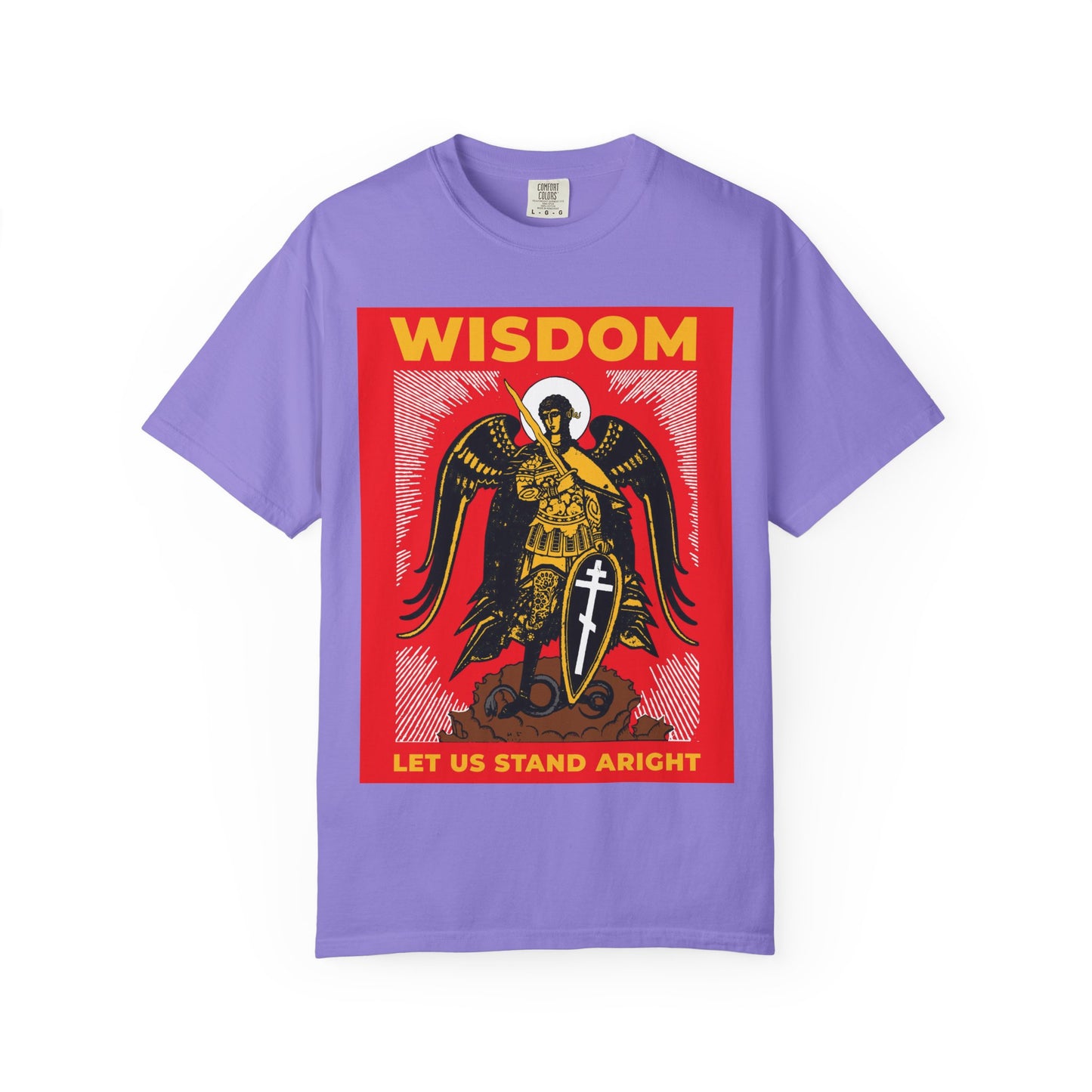 Violet heavyweight cotton tee featuring Archangel Michael the Warrior with shield and sword, Russian illustration, and "WISDOM" & "LET US STAND ARIGHT" in bold red and yellow. Orthodox unisex design.