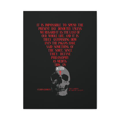 A white skull with a red Orthodox cross above it below red text, inspired by St John Climacus’ "The Present Day As the Last Day of Our Life," on black background; Memento Mori Orthodox Canvas Wall Art.