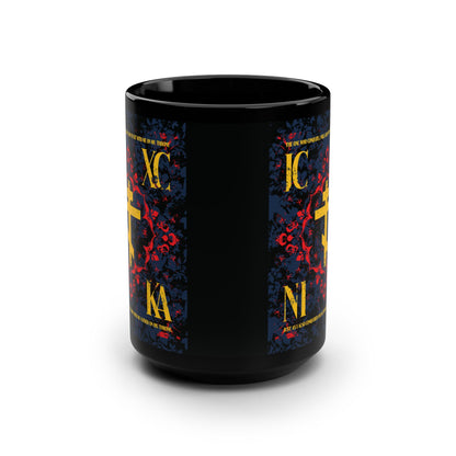 IC XC NIKA Orthodox Cross | Medieval Floral Design | The One Who Conquers (Revelation 3:21) | Orthodox Christian Black Mug