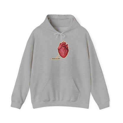 Sport Grey hoodie with retro medical textbook heart graphic, Orthodox cross, and “Remember You Will Die” memento mori design. Inspired by Christian themes: It’s Later Than You Think.