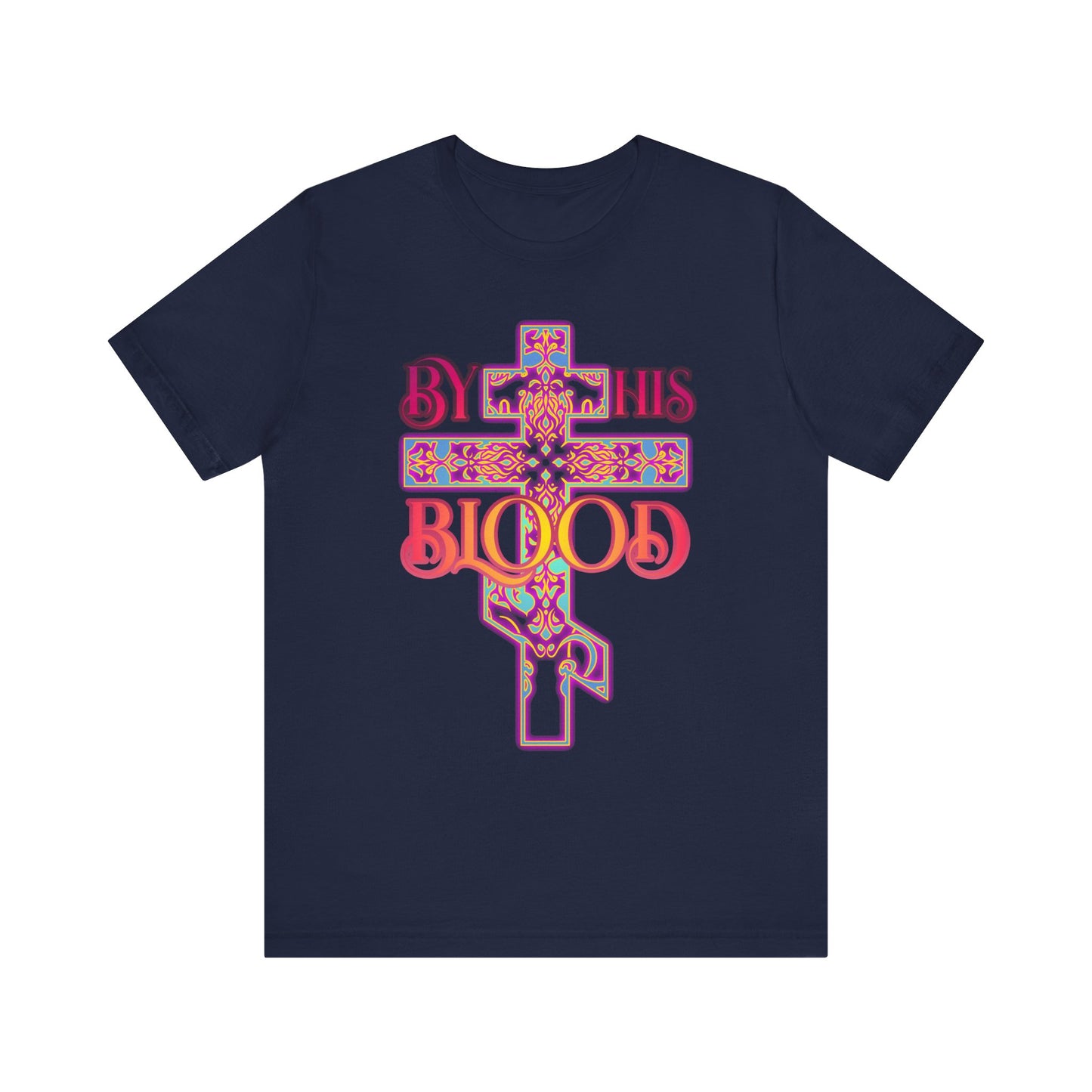 Navy "By His Blood" unisex tee featuring a glowing ornate Orthodox cross in an 80s color scheme—a lightweight Christian shirt with a bold atonement message.