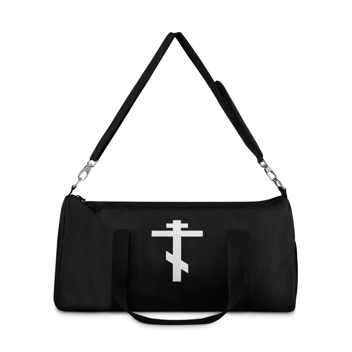 Orthodox Christian gym duffel bag featuring a white Orthodox cross inspired by St. John of Kronstadt, Gal 6:14 ("May I never boast, except in the cross of our Lord Jesus Christ"), and an adjustable shoulder strap.
