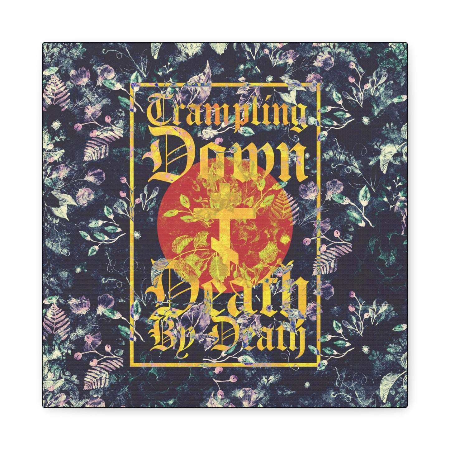 Trampling Down Death By Death | Paschal Floral Design with Gothic Script and Three-Bar Cross | Orthodox Christian Canvas Art