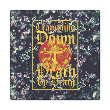 Trampling Down Death By Death | Paschal Floral Design with Gothic Script and Three-Bar Cross | Orthodox Christian Canvas Art