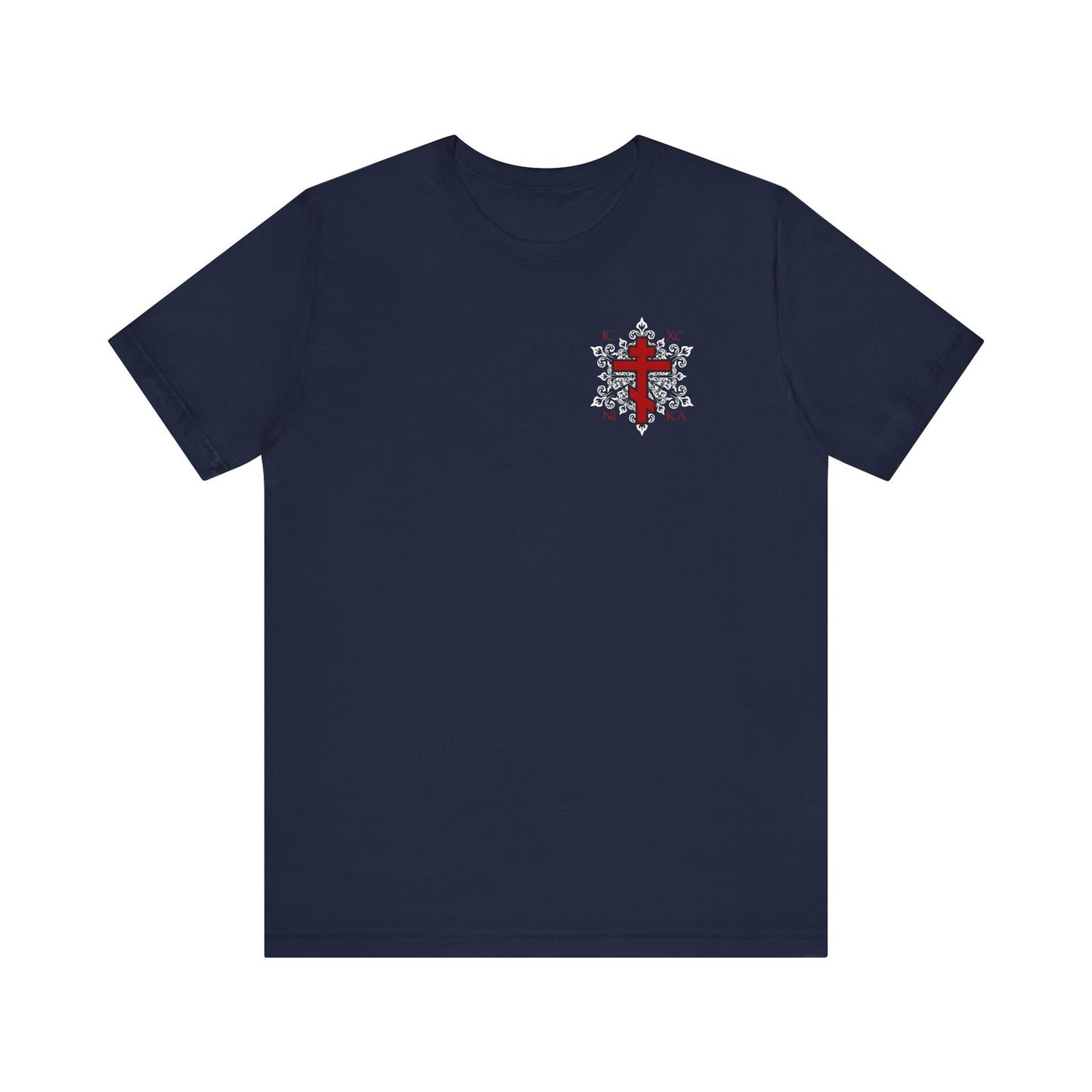 Navy ICXC/NIKA Red Orthodox Cross on ornate white medieval floral design (small), best-selling lightweight cotton unisex tee—St. Romanos and Paradise-inspired.