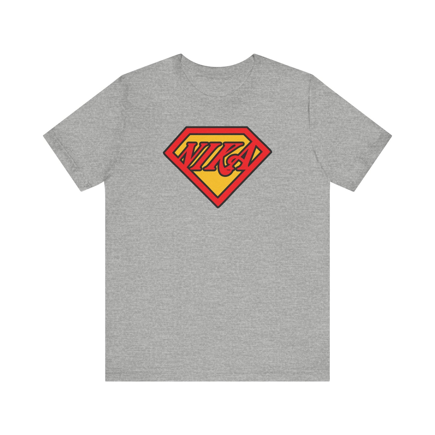 Athletic Heather unisex tee featuring the NIKA Superm@n logo—an Orthodox Christian mashup inspired by faith and St John of Kronstadt’s call to conquer passions—with a bold red and yellow emblem displaying "Nika" in a Superman-style design.