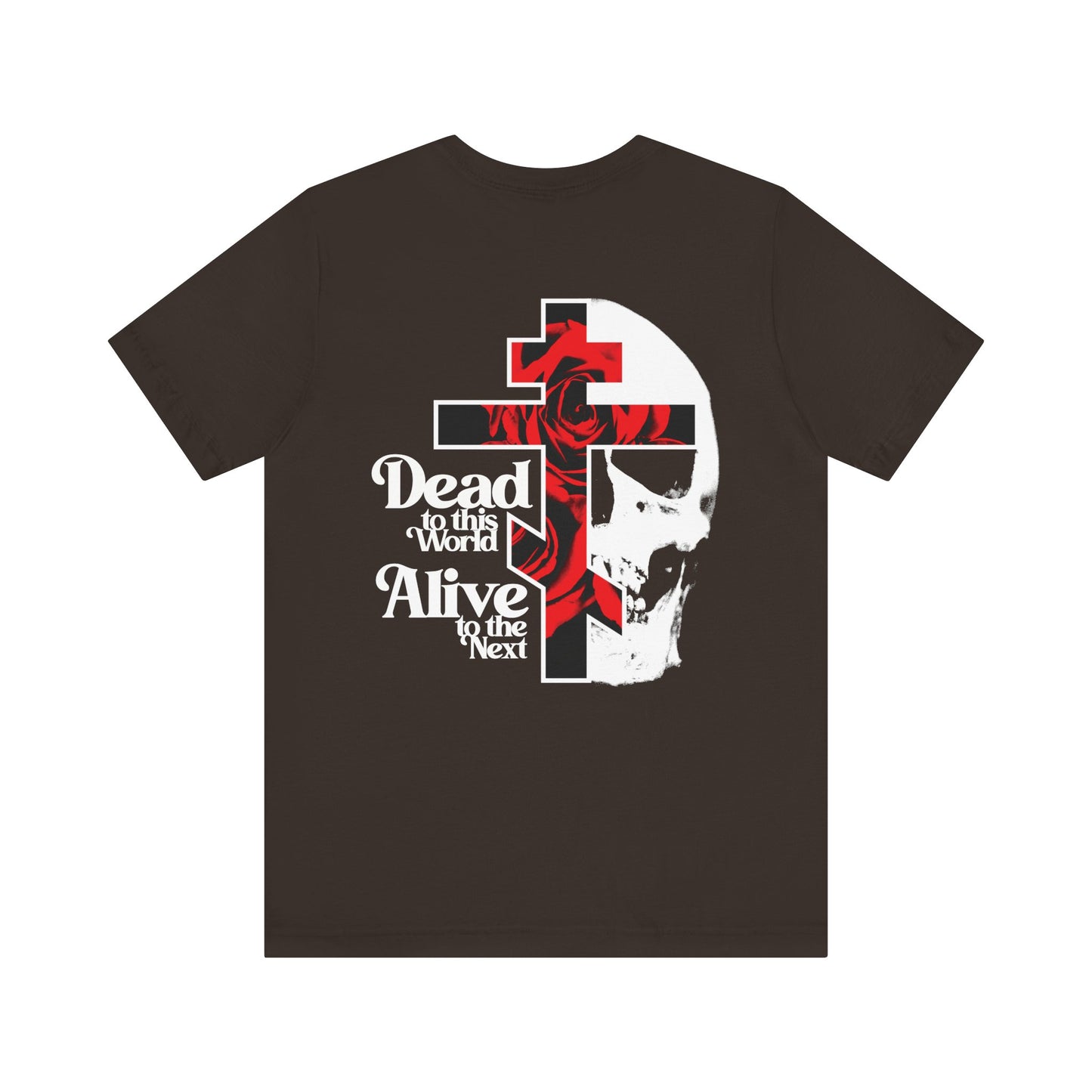 Lightweight cotton unisex tee with BACK PRINT: Christian goth flower cross & skull art, "Dead to this World," inspired by the Ladder of Divine Ascent. 2-sided with branded front.