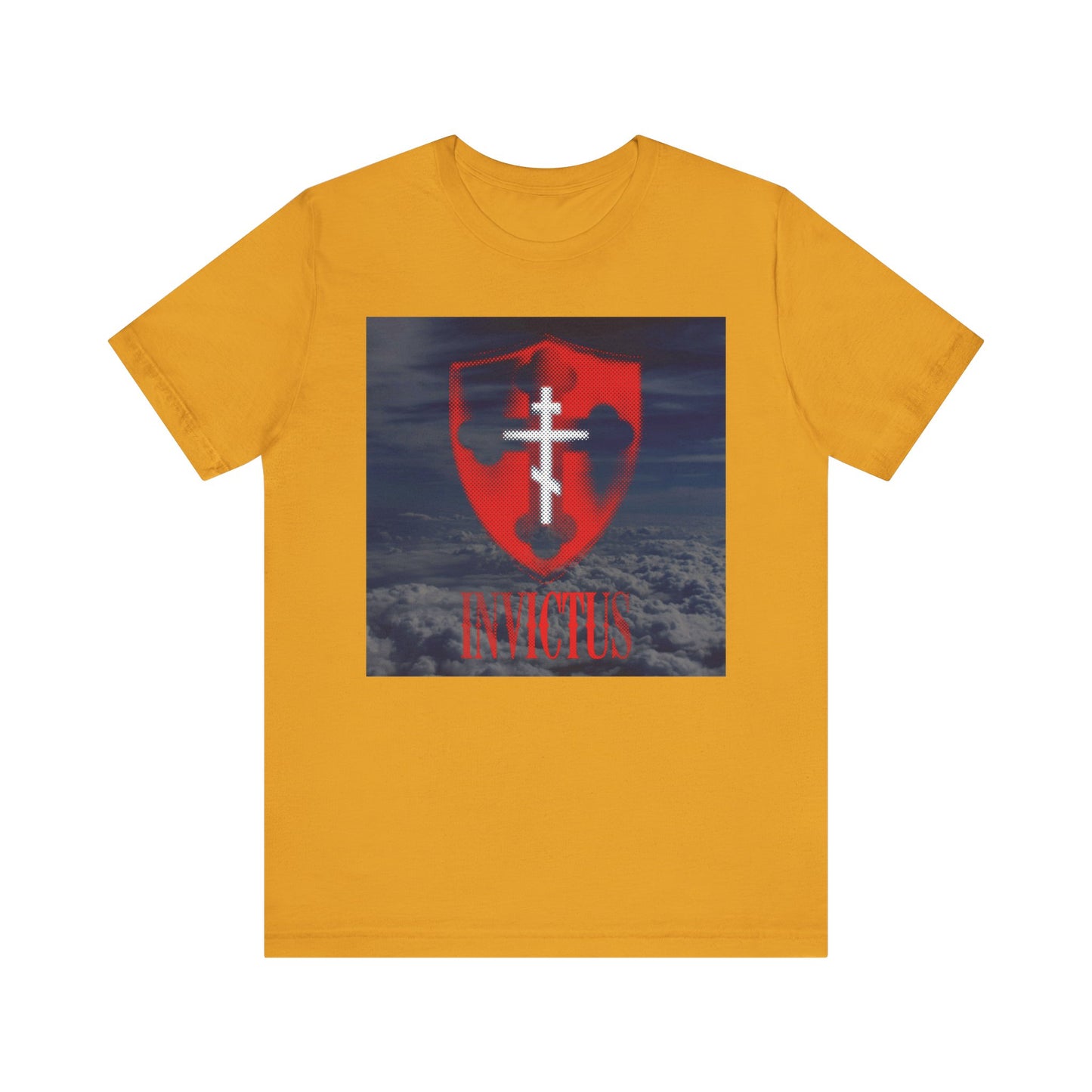 Mustard-colored "Invictus White Orthodox Cross | Glowing Red Halftone Shield | Clouds Background | Christ Unconquered" lightweight cotton unisex tee, featuring a radiant red halftone shield with a white Orthodox cross and INVICTUS text set against a clouds-filled sky. Inspired by 1 Corinthians 15:54, this design celebrates the triumphant message that “Death is swallowed up in victory,” symbolizing enduring hope and immortality.