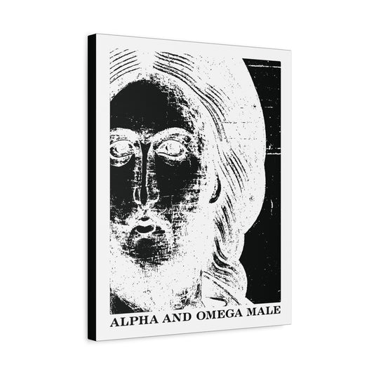 A black and white Jesus Christ icono-graphic photonegative with "I am the Beginning & the End (Rev 22)" text, featured on an Alpha & Omega Male Orthodox canvas wall art.