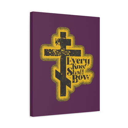 Every Knee Shall Bow | 70s Distressed Halftone Comic Book Aesthetic, featuring Philippians 2:10-11 and Isaiah 45:23 in bold black text on a purple background—Christian wall art declaring Jesus Christ is Lord.