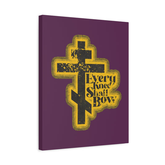 Every Knee Shall Bow | 70s Distressed Halftone Comic Book Aesthetic, featuring Philippians 2:10-11 and Isaiah 45:23 in bold black text on a purple background—Christian wall art declaring Jesus Christ is Lord.